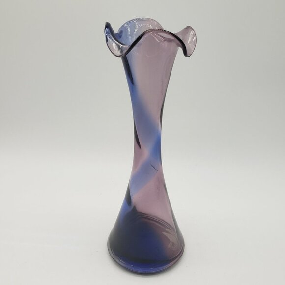 Blue Amethyst Swirl Ruffled Top Art Glass Bud Vase - Picture 9 of 12
